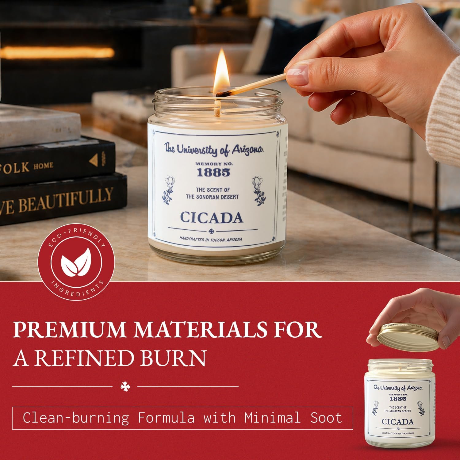 CICADA Desert Rain Scented Candle, Memory No. 1885, University of Arizona Inspired Coconut Soy Blend Wax, Cotton Wick, Earth Honey Citrus Creosote Aroma, Hand Poured Arizona Reveries Home Fragrance