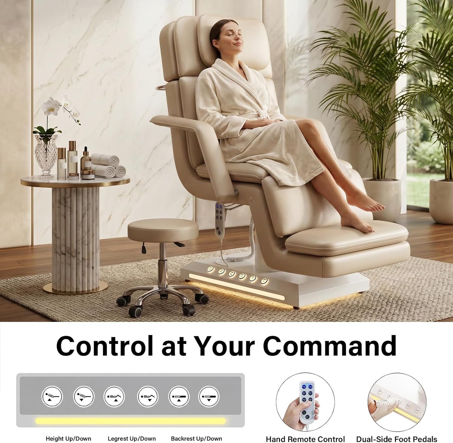 Electric Massage Table w/Stool, 3 Motor Professional Spa Bed, Foot Pedal & Remote Control, Height Adjustable Wide Facial Table for Salon & Spa (Champagne | with Rolling Stool)