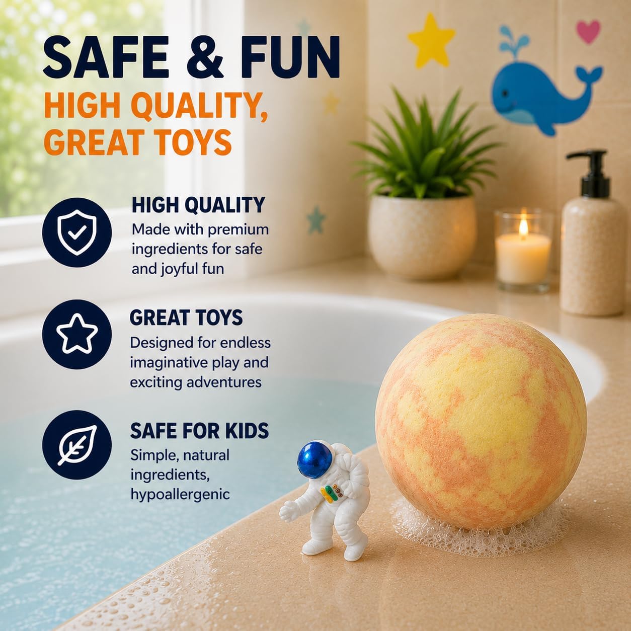 EvolutionUSA 6 Space Bath Bombs for Boys & Girls - Planet Bath Bombs Toy Inside, Organic Childrens Bathbomb Set, Cosmic Bath Fizzers, Kid Bath Bomb Gift for Valentines, Birthday, Christmas, Easter