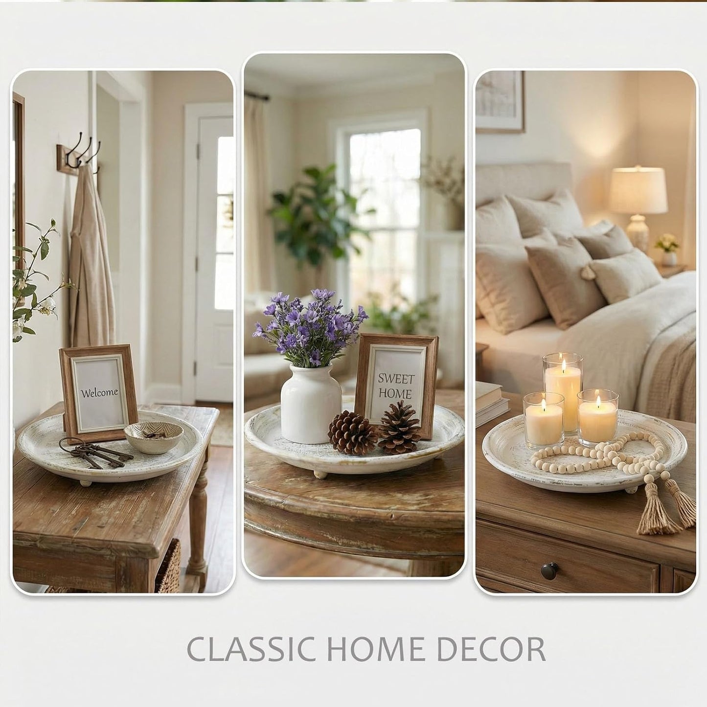 10” Candle Holder Plate Tray for Coffee Table Decor, Dining Table Centerpiece, Rustic Farmhouse Home Decoration - White