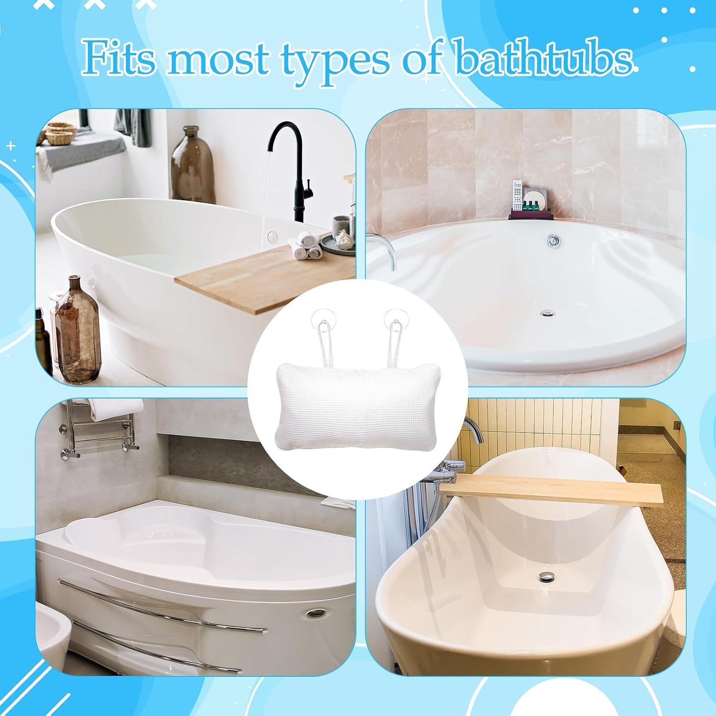 EORTA Inflatable Bathtub Pillow Anti-Slip Aerated Bath Pillow with Suction Cup Spa Bath Cushion for Head Neck Rest Relax, Home, Bathroom, White, 13.8"X7.8"