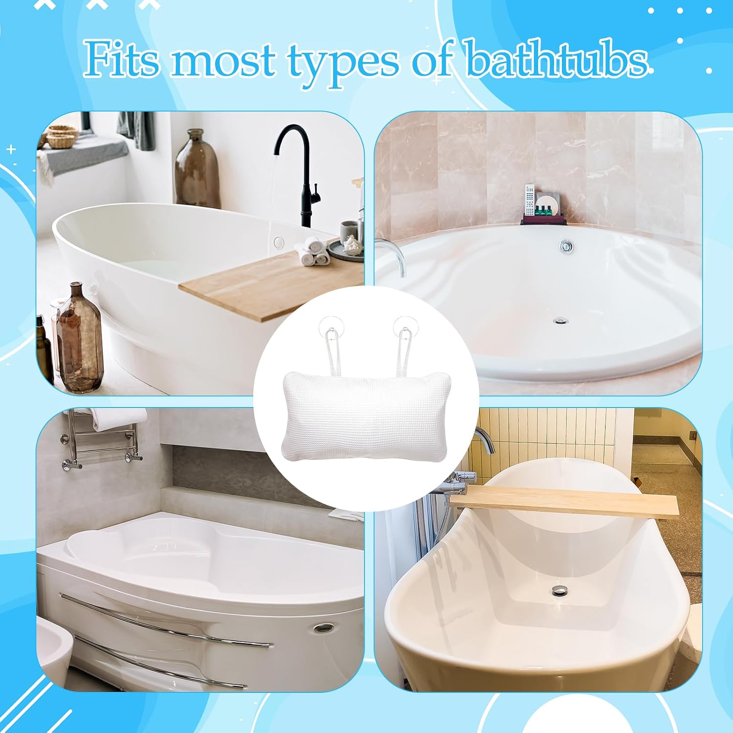 EORTA Inflatable Bathtub Pillow Anti-Slip Aerated Bath Pillow with Suction Cup Spa Bath Cushion for Head Neck Rest Relax, Home, Bathroom, White, 13.8"X7.8"