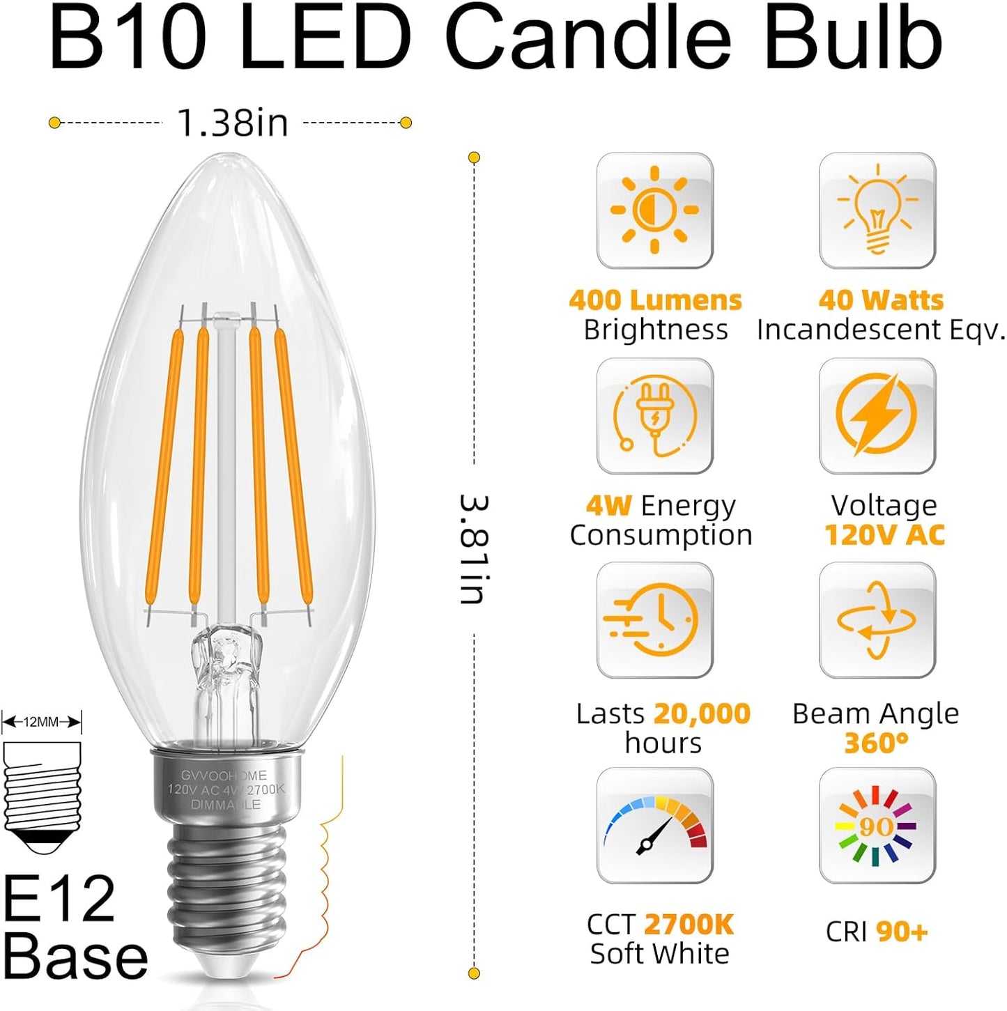 GvvooHome E12 Candelabra Bulb 40 watt Equivalent, E12 LED Bulb Dimmable Chandelier Light Bulbs, B10 Candle Light Bulbs 2700K Soft White, 90+CRI, 400LM, Clear Glass, 12 Pack