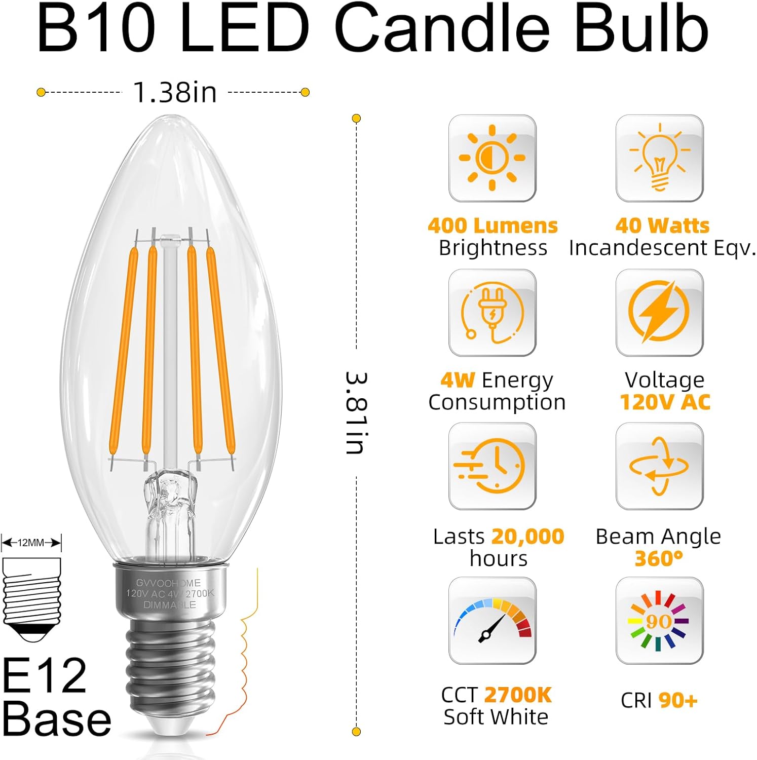 GvvooHome E12 Candelabra Bulb 40 watt Equivalent, E12 LED Bulb Dimmable Chandelier Light Bulbs, B10 Candle Light Bulbs 2700K Soft White, 90+CRI, 400LM, Clear Glass, 12 Pack