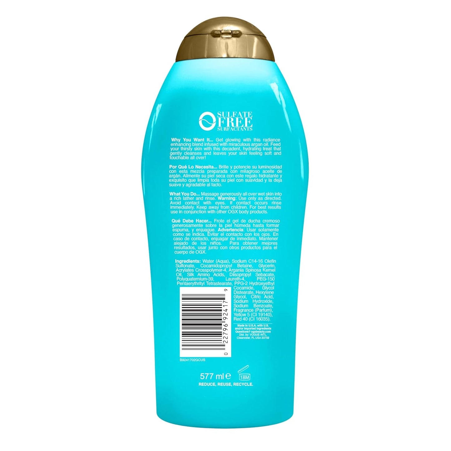OGX Radiant Glow + Argan Oil of Morocco Extra Hydrating Body Wash for Dry Skin, Moisturizing Gel Cleanser for Silky Soft Skin, Body Wash for Women, Sulfate-Free Surfactants, 19.5 fl oz
