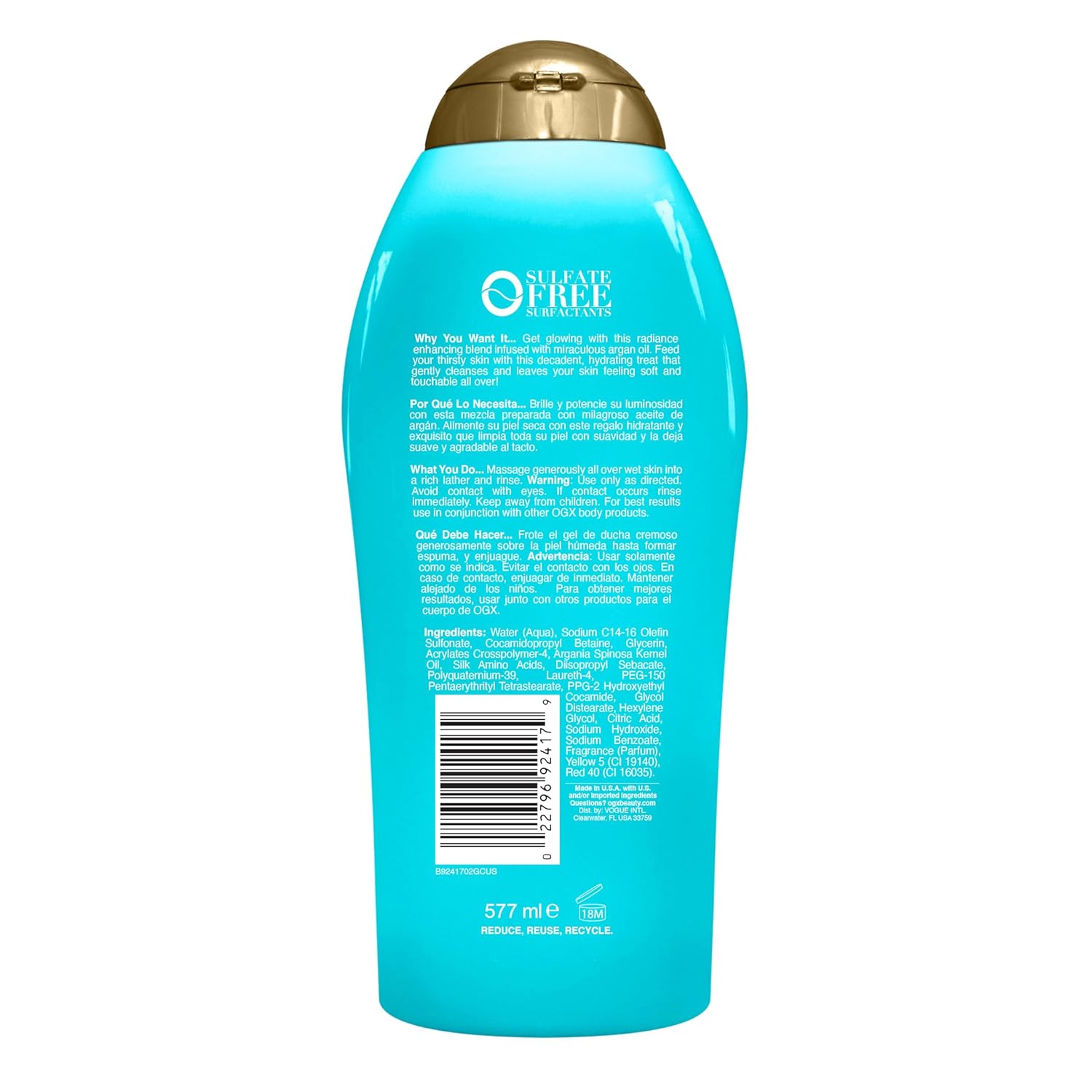 OGX Radiant Glow + Argan Oil of Morocco Extra Hydrating Body Wash for Dry Skin, Moisturizing Gel Cleanser for Silky Soft Skin, Body Wash for Women, Sulfate-Free Surfactants, 19.5 fl oz