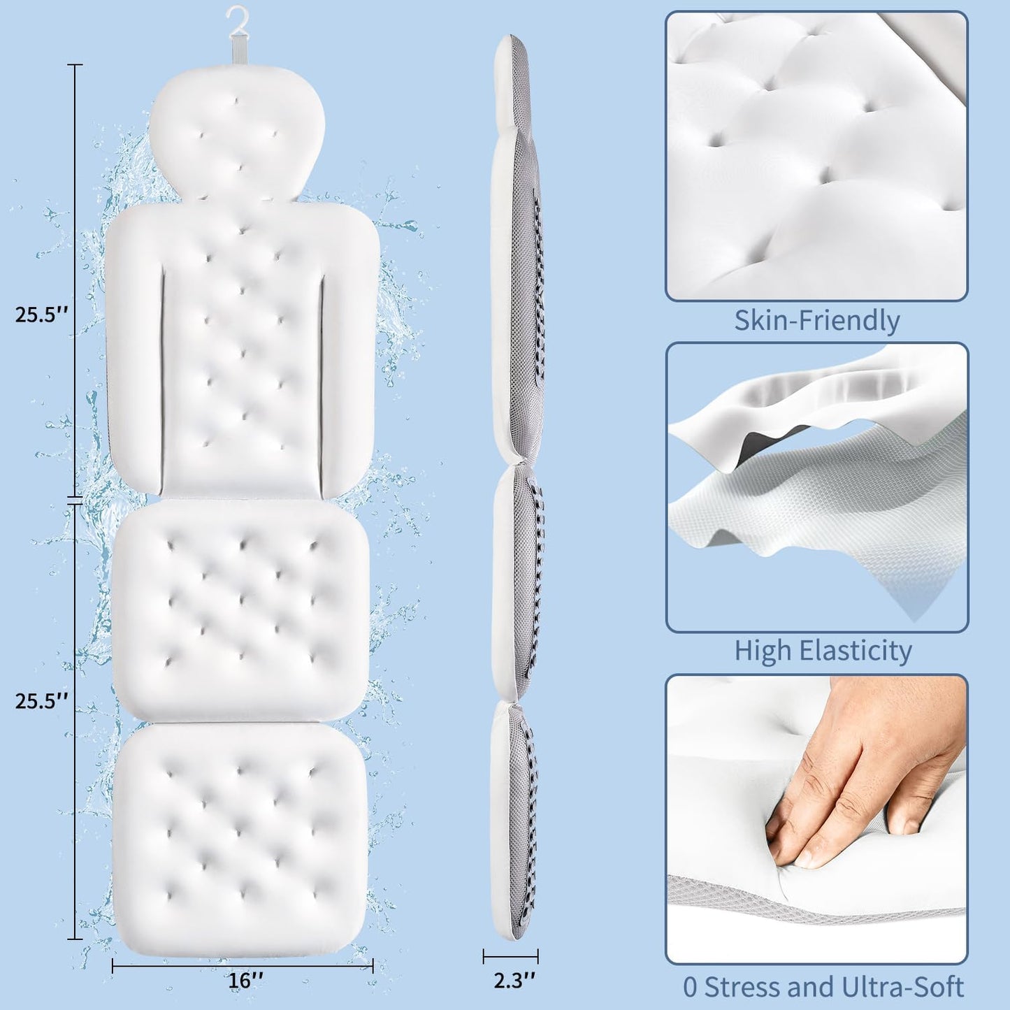 Luxury Bath Cushion, Full Body Bathtub Pillow with 160 Suction Cups, Bath Mat for Head and Neck Support, with Laundry Bag (White, 51" x 16")
