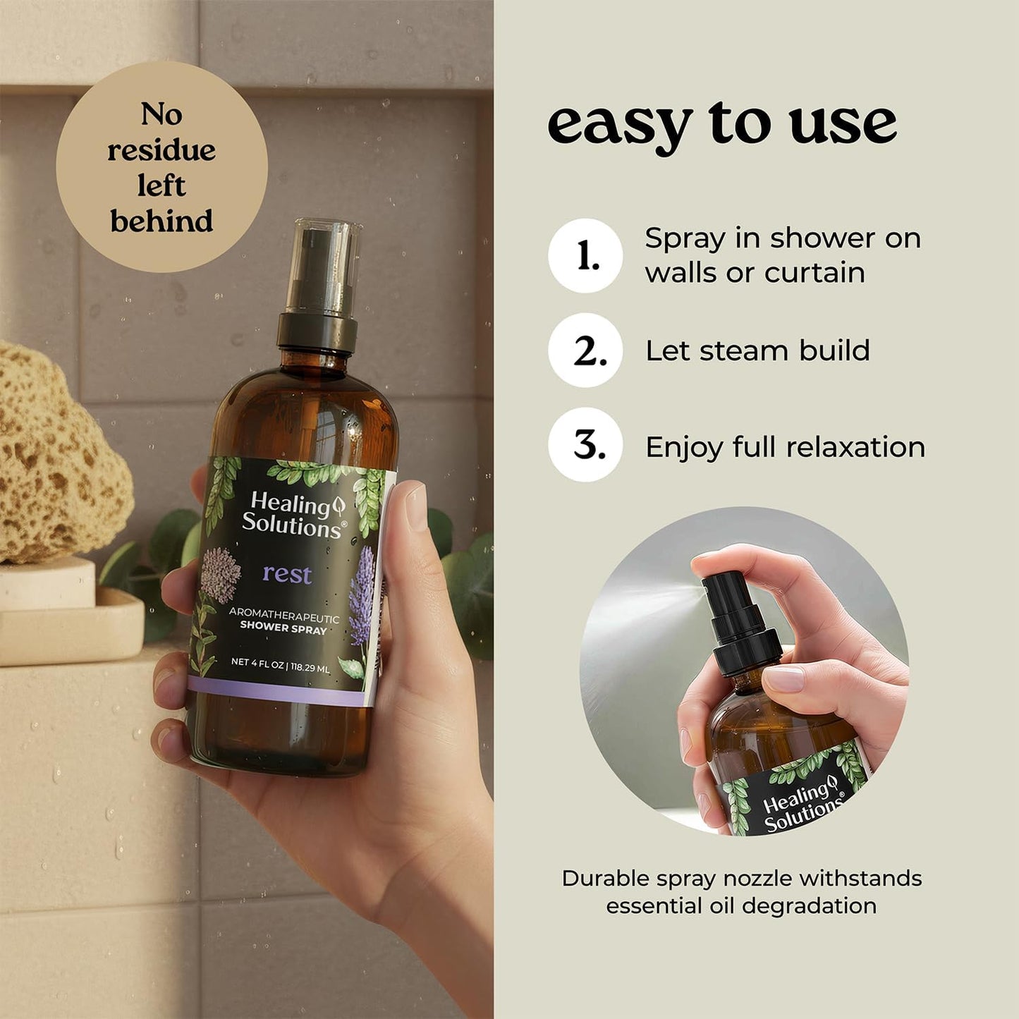 Healing Solutions Aromatherapy Shower Spray, Rest Blend, 4oz, Made in the USA, At Home Spa Experience, Premium Sleep Support (4oz, Rest Blend)