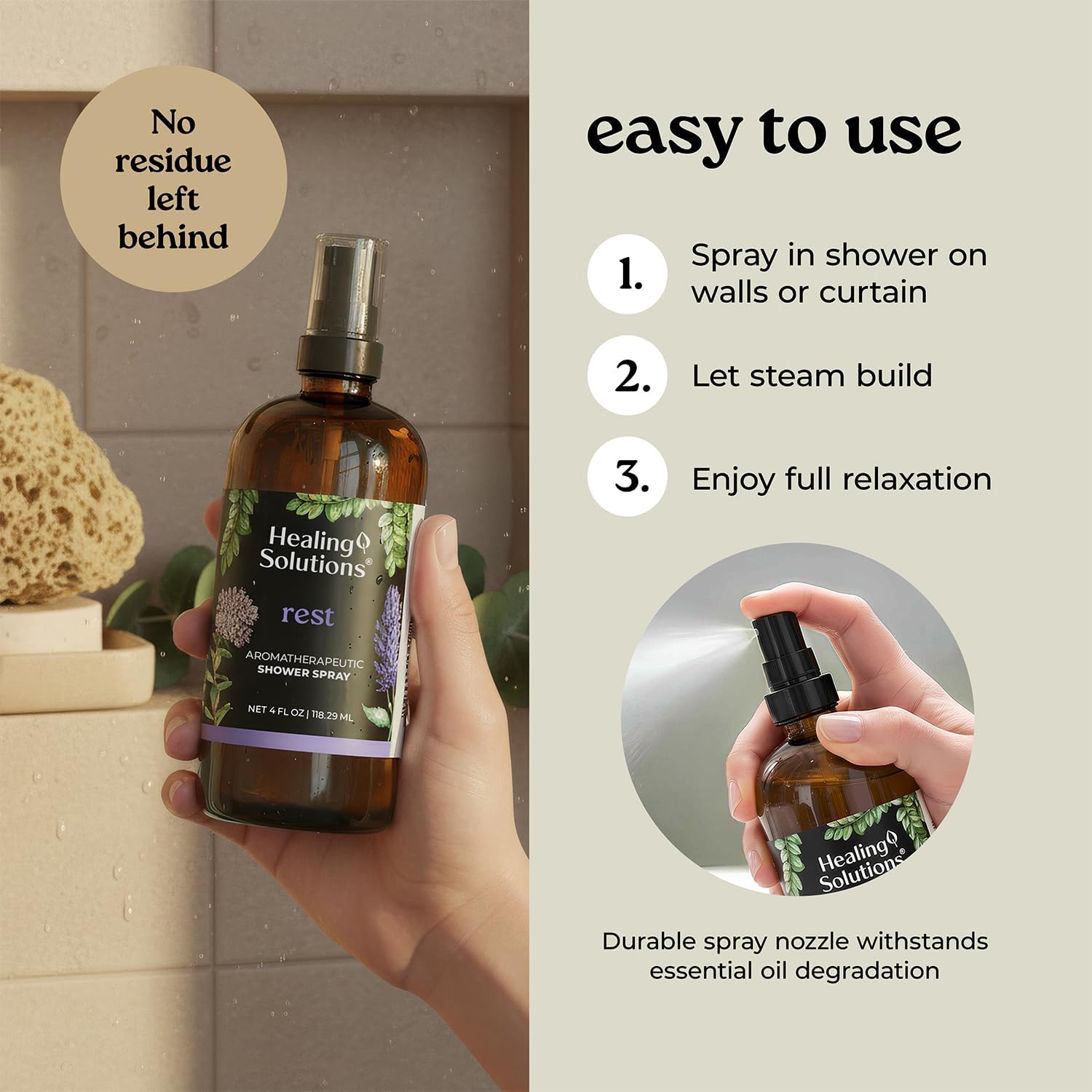 Healing Solutions Aromatherapy Shower Spray, Rest Blend, 4oz, Made in the USA, At Home Spa Experience, Premium Sleep Support (4oz, Rest Blend)