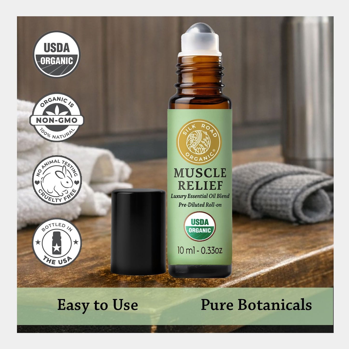 Silk Road Organic Muscle Relief Essential Oil Blend Roll On for Muscle Aches & Stiff Joints | USDA Certified Aromatherapy with Peppermint & Ginger - 10 ml Roller