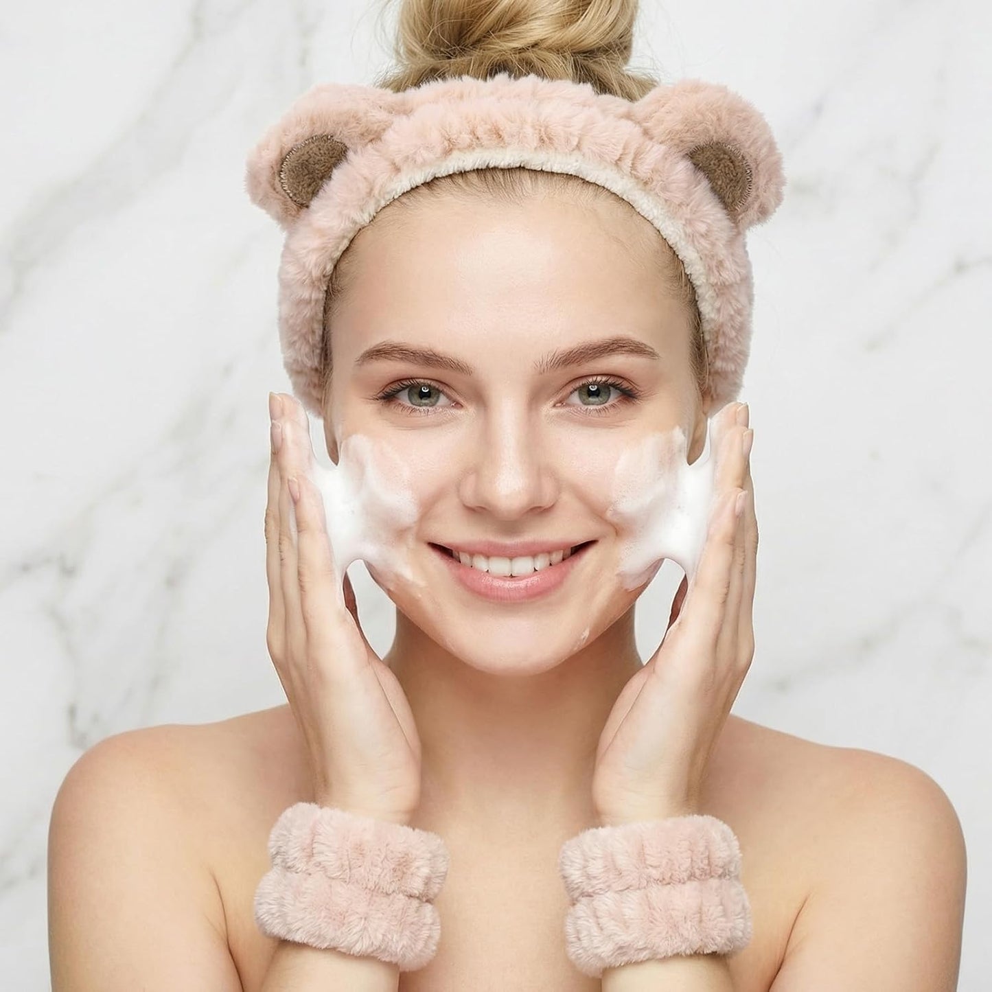 cobee 3 Pcs Bear Ears Face Wash Headband, Skincare Headband And Face Wash Wristbands, Cute Soft Elastic Makeup Headbands Brown For Women's Facial Makeup, Skincare, Spa, And Washing