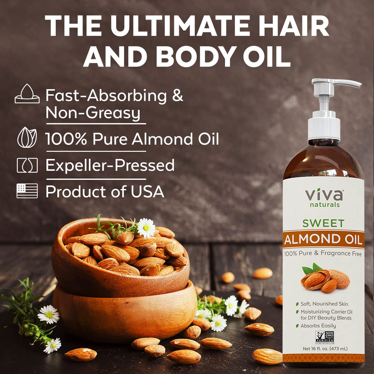 Almond Oil (16 oz); Sweet Almond Oil for Skin or Almond Oil for Hair, The Perfect Natural Body Oil for Women, Great as Unscented Massage Oil (Pack of 2)
