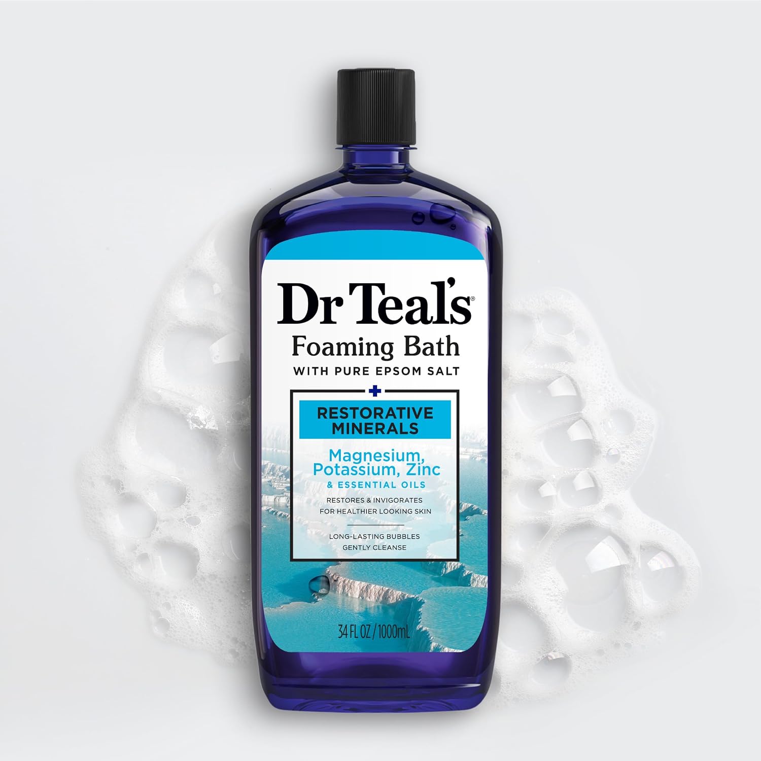 Dr Teal's Foaming Bath with Pure Epsom Salt, Restorative Minerals with Magnesium, Potassium, Zinc & Essential Oils, 34 fl oz (Pack of 4)