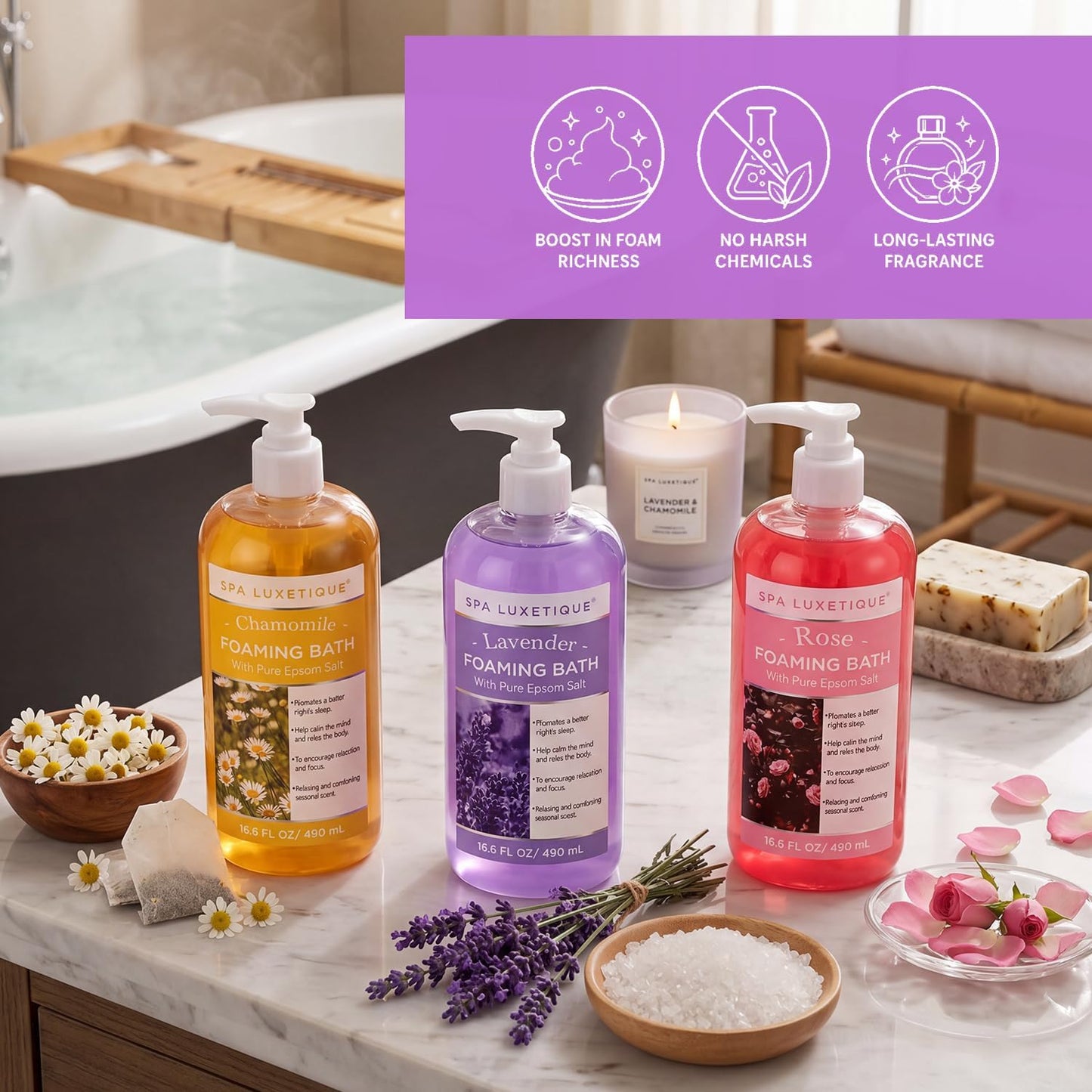 Spa Luxetique Bubble Bath, Foaming Bath with Epsom Salt, Chamomile Rose and Lavender Scent Bathing Set, 3 Pack 49.8 fl oz Mothers Day Gifts Set for Women and Men