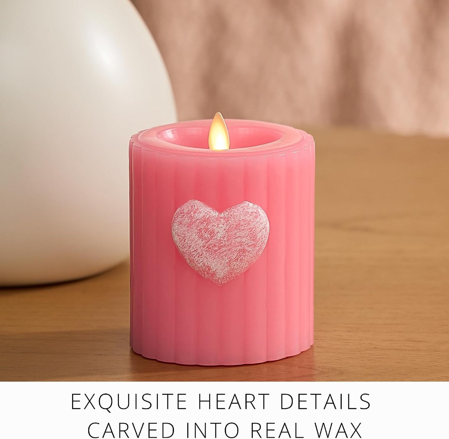 Luminara Flickering Flameless 3.7" x 4.5" Pillar Candle, Battery Operated Remote Ready (Sold Separately) & Timer Function, LED Light, Ribbed Real Pink Wax w/Embossed Heart Design for Valentine's Day
