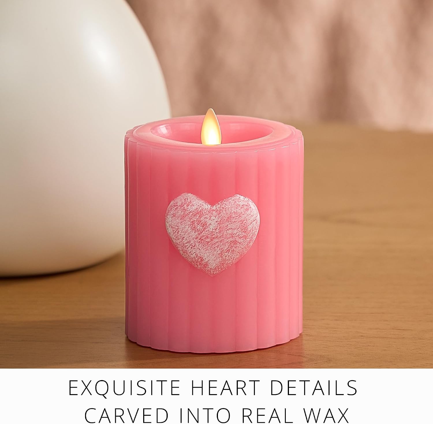 Luminara Flickering Flameless 3.7" x 4.5" Pillar Candle, Battery Operated Remote Ready (Sold Separately) & Timer Function, LED Light, Ribbed Real Pink Wax w/Embossed Heart Design for Valentine's Day