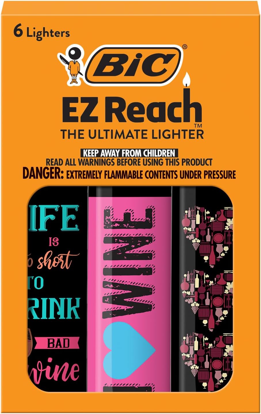 BIC EZ Reach Candle Lighter, The Ultimate Lighter with Wand for Candles, Counterculture, Shrooms, 420 Assorted Designs, 6 Count Pack of Lighters (Wine)