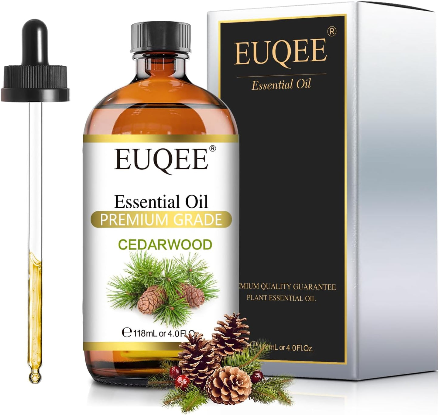 EUQEE Cedarwood Essential Oil 118mL Pure Cedarwood Oil Premium Essential Oil for Diffuser, Humidifier - with Glass Dropper (4fl.oz)