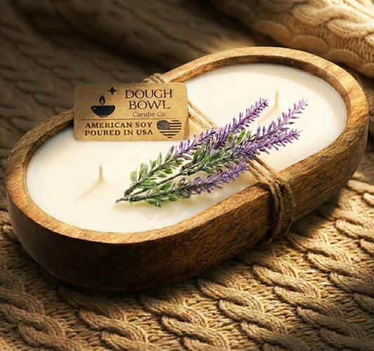 Dough Bowl Candle Co. Wooden Bowl Candle - 20 Oz. 10x6x2 3-Wick Large Lavender Soy Candles for Home Scented