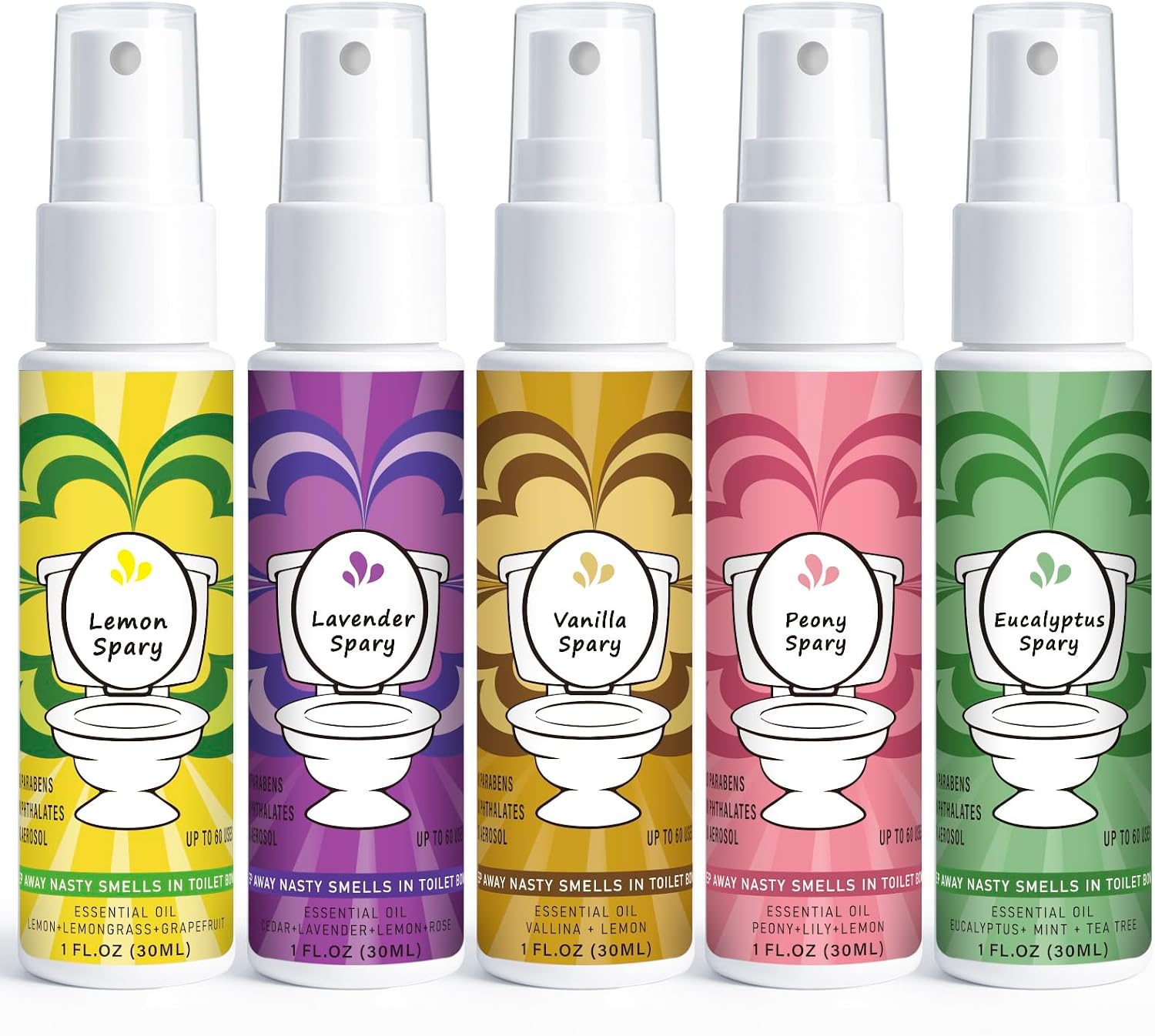 Travel Size Toilet Spray, Air Freshener Spray for Bathroom Deodorizer, Travel Essentials Variety - Lemon, Lavender, Vanilla, Peony, Eucalyptus