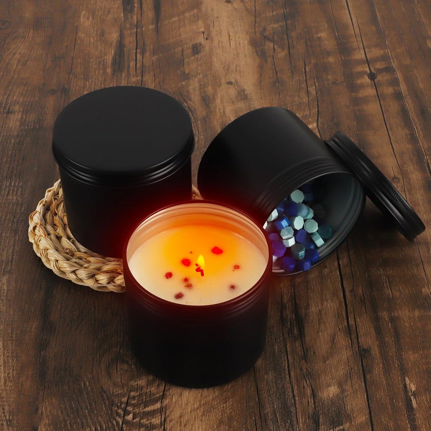 OBKJJ Black Candle Jars 10 oz Matte Tins 24 PCS Metal Candle Containers with Lids Bulk Candle Containers for Balms, Salve, Spices, Beard Balm, Crafts with 4 Markers 6 Sheets Label Stickers