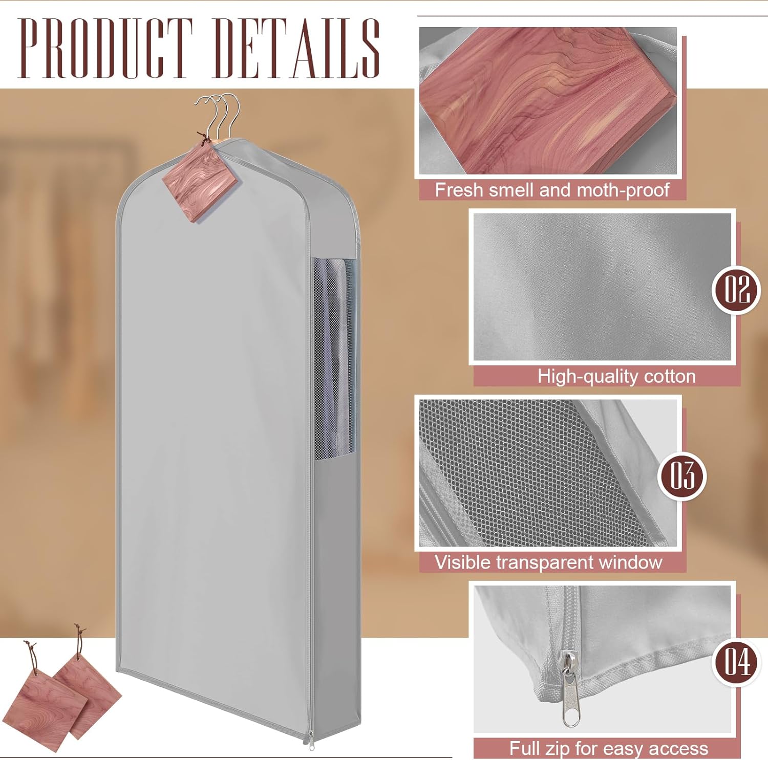 Briwooody 1 Sets 40 x 24 x 6'' Cotton Garment Bags with 4 Cedar Blocks, Moth Protection Bags Breathable for Hanging Clothes Fur Coats, Gowns, Dress, Closet Storage, Clothing Protector (Grey)