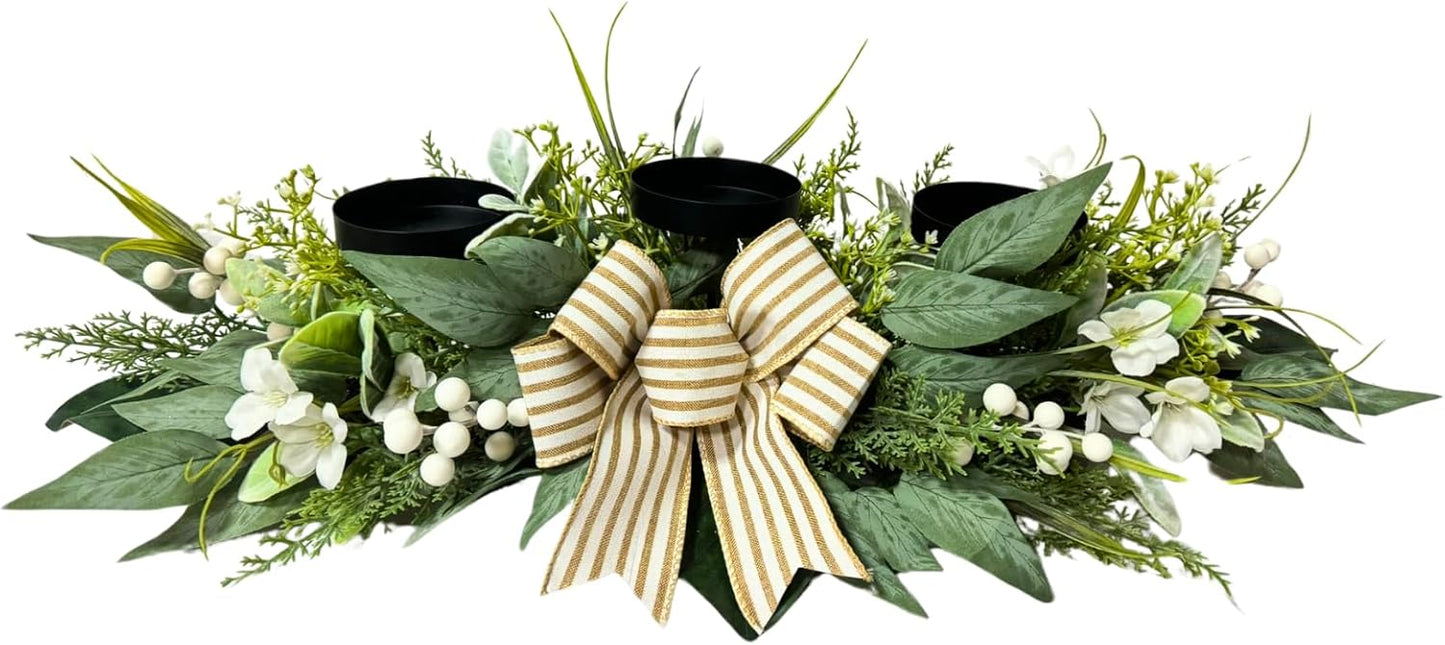 Svndlyn 26 Inch 3 Candle Holder Centerpiece with Greenery and Striped Bow | Faux Greenery, White Flowers, Berries and Eucalyptus Leaves for Table Mantel and Holiday Decor