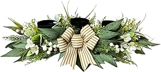 Svndlyn 26 Inch 3 Candle Holder Centerpiece with Greenery and Striped Bow | Faux Greenery, White Flowers, Berries and Eucalyptus Leaves for Table Mantel and Holiday Decor