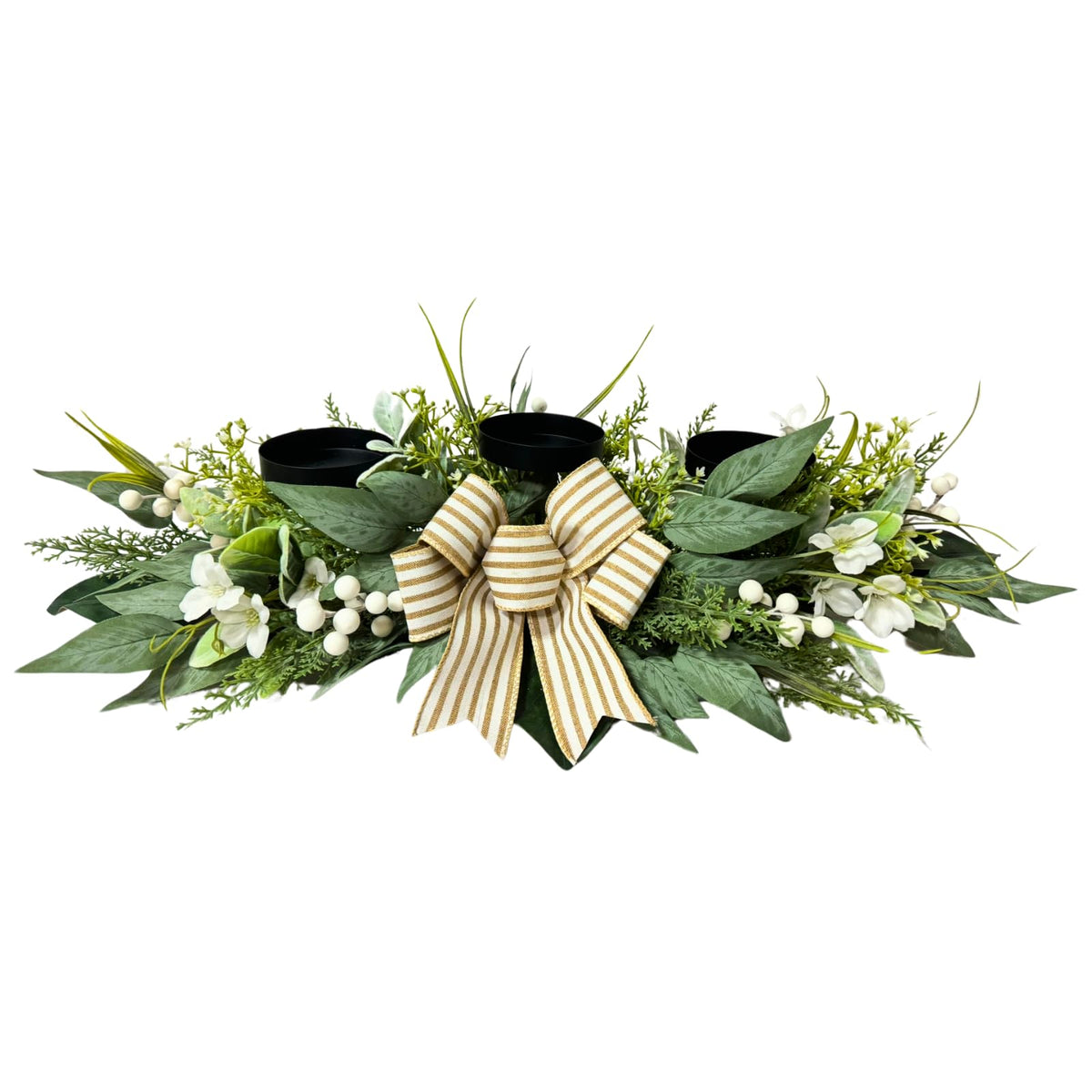 Svndlyn 26 Inch 3 Candle Holder Centerpiece with Greenery and Striped Bow | Faux Greenery, White Flowers, Berries and Eucalyptus Leaves for Table Mantel and Holiday Decor