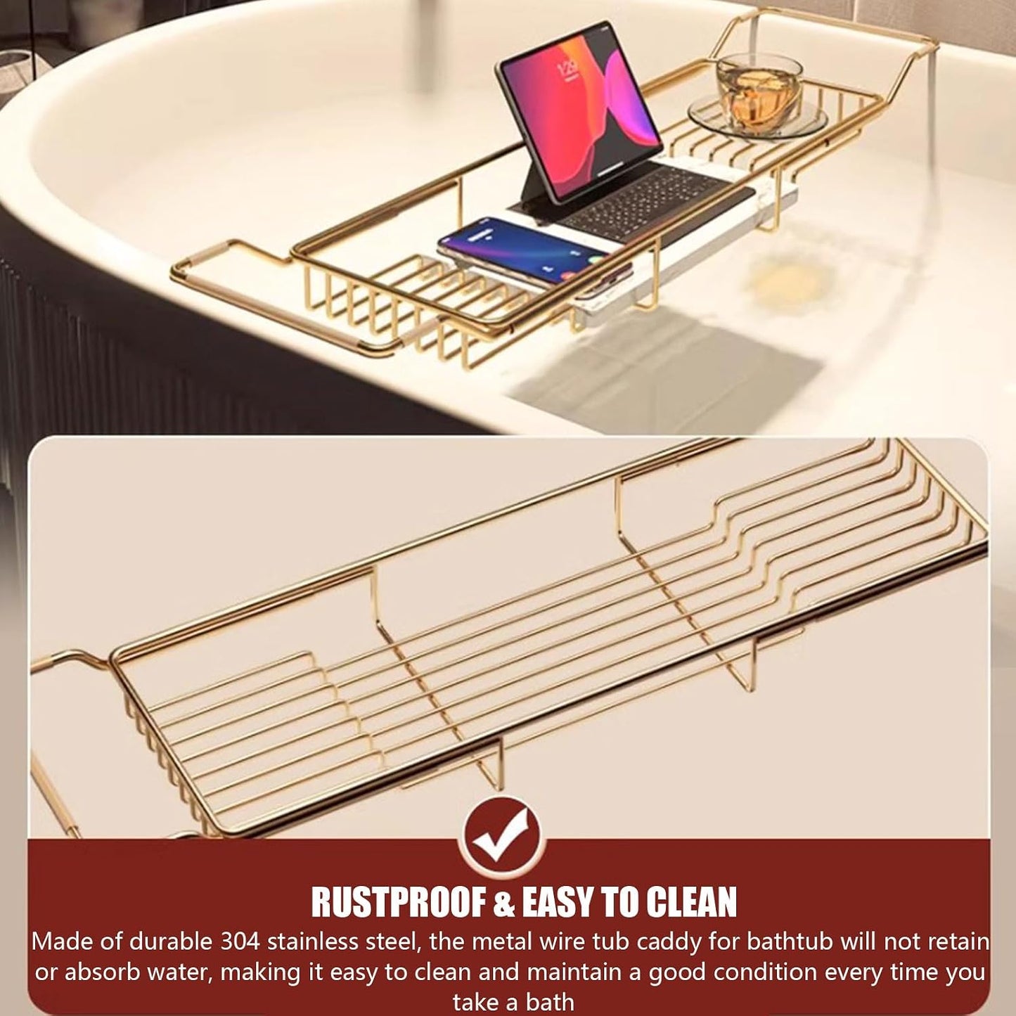 Bathtub Caddy Tray for Luxury Bath - Stainless Steel Bath Tub Table Shelf with Marble Chopping Board - Expandable Bath Tub Tray Bathtub Caddy Tray,A