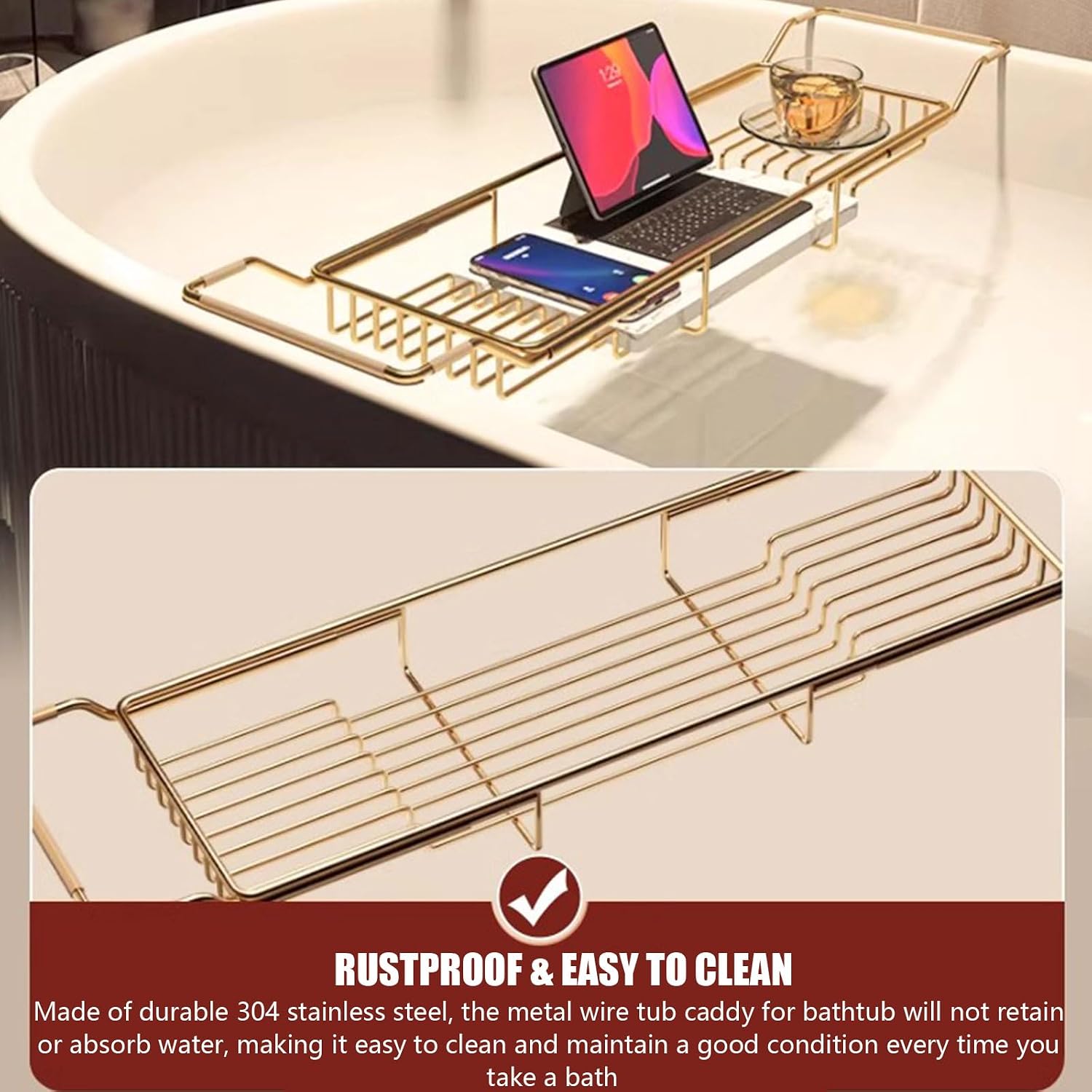 Bathtub Caddy Tray for Luxury Bath - Stainless Steel Bath Tub Table Shelf with Marble Chopping Board - Expandable Bath Tub Tray Bathtub Caddy Tray,A