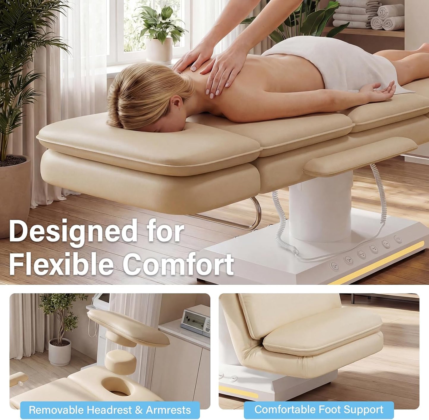 Electric Massage Table w/Stool, 3 Motor Professional Spa Bed, Foot Pedal & Remote Control, Height Adjustable Wide Facial Table for Salon & Spa (Champagne | with Rolling Stool)