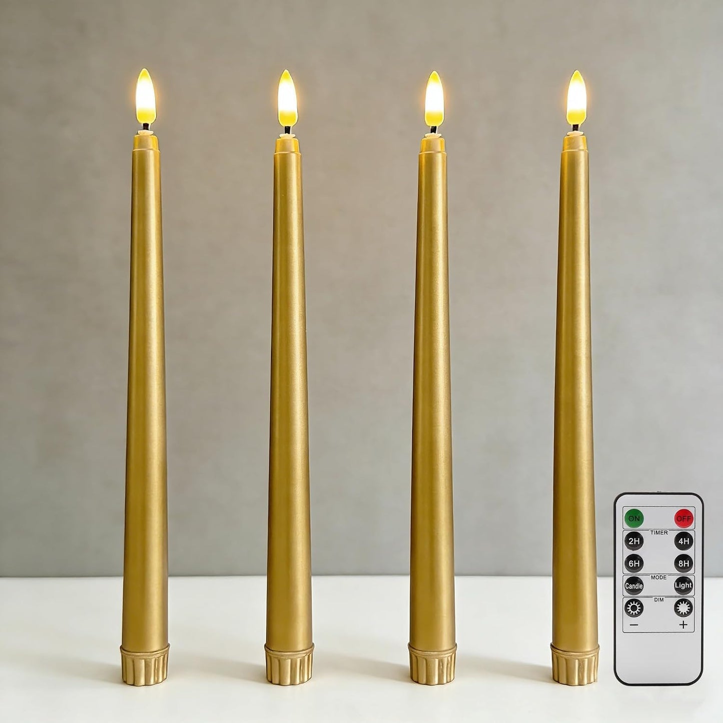 Gold Flameless Taper Candles with Remote, Flickering Battery Powered LED Candlesticks Set of 4