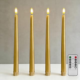 Gold Flameless Taper Candles with Remote, Flickering Battery Powered LED Candlesticks Set of 4