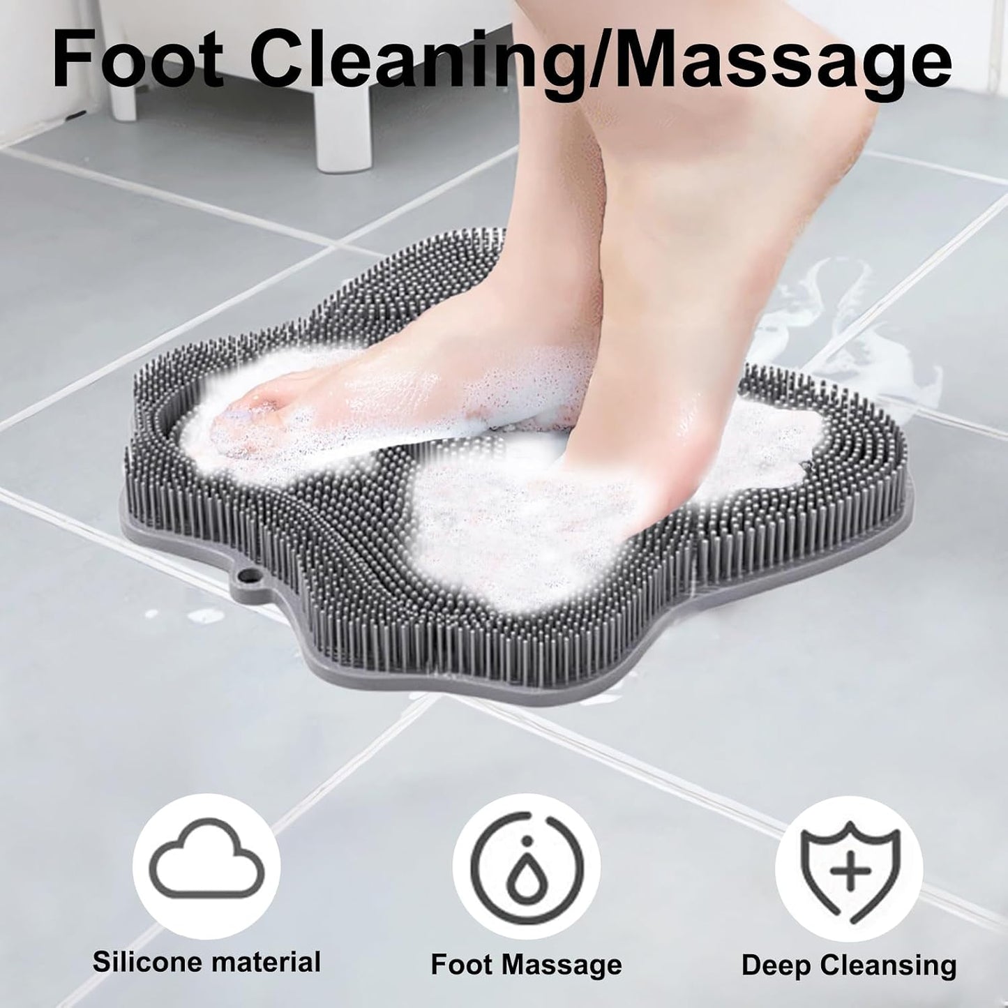Shower Foot Scrubber, Shower Foot and Back Scrubber with Suction Cups, Shower Silicone Foot Washer for Exfoliating Massage（Grey）