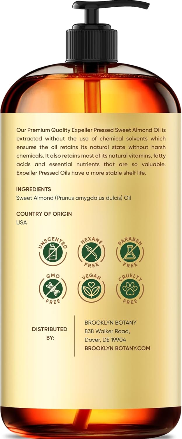 Brooklyn Botany Sweet Almond Oil | 16 Fl Oz | Hair | Face | Body | 100% Pure and Natural | Carrier Oil | Aromatherapy | Massage | Ayurvedic Hair Care | Hexane-Free