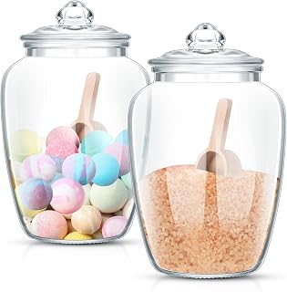 SiliFine 2 Set 74 oz Bath Salt Containers with Airtight Lids and Wooden Scoops, Large Glass Apothecary Jars for Epsom Salt, Bathroom Storage, Laundry Soap, Flour, Sugar and Tea(Clear)