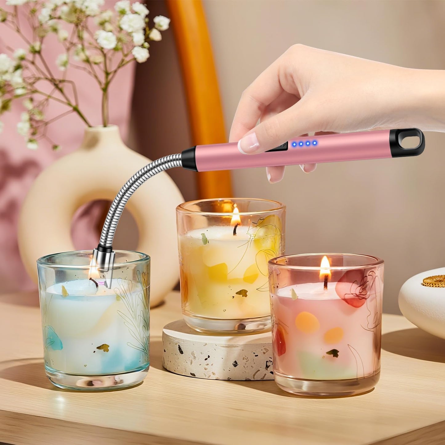 LcFun 3 Pack Candle Lighter USB C Rechargeable Electric Lighters with 360° Flexible Neck & Safety Lock, Windproof Arc Lighters Long Stem Matches for Candle, Grill, BBQ, Gas Stoves (Black,Silver,Pink)