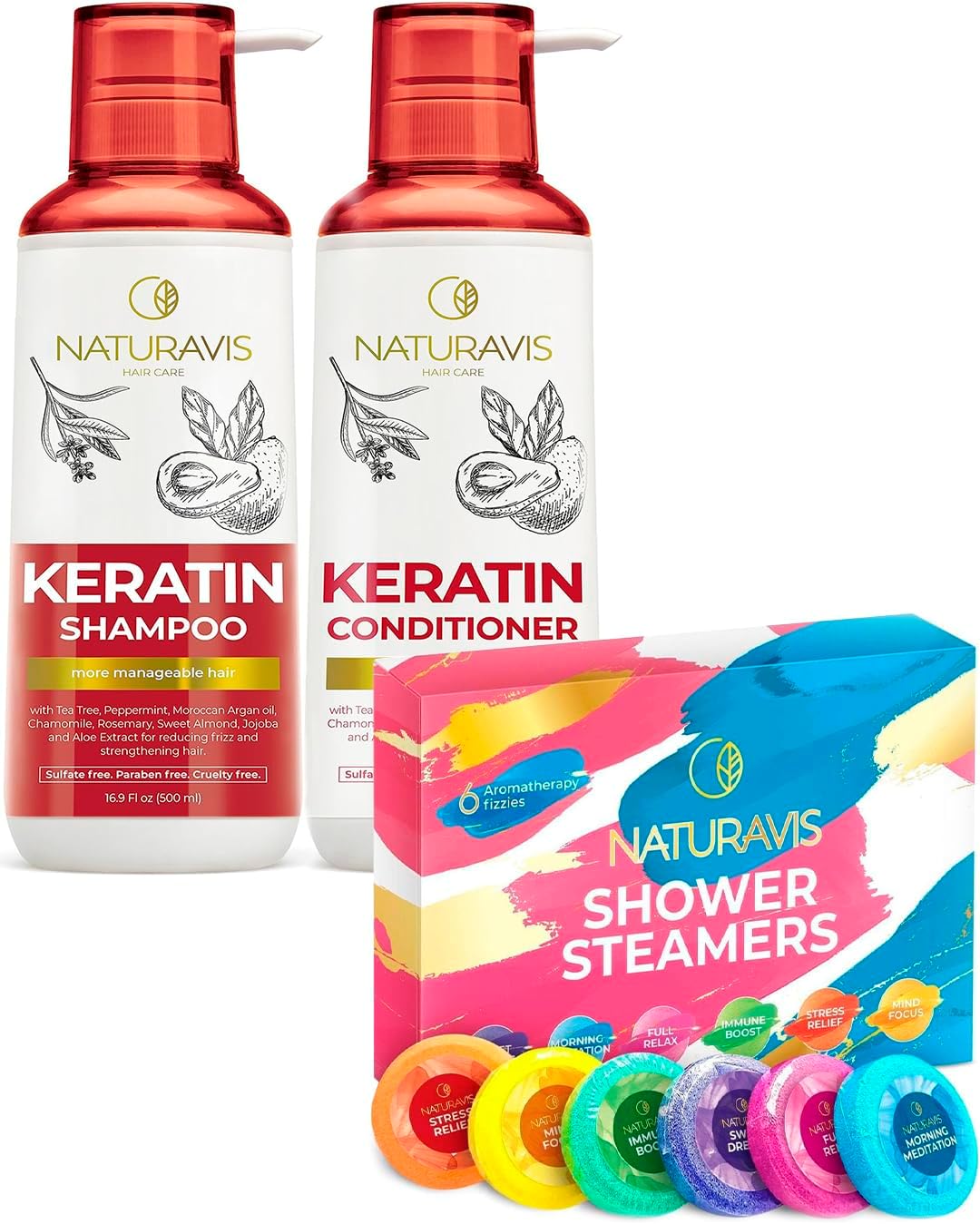 NATURAVIS Shower Steamers Aromatherapy Gift Set and Keratin Shampoo and Conditioner Set with Hyaluronic Acid