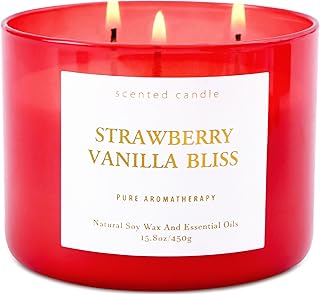 Strawberry Vanilla Bliss 3-Wick Soy Candle | 15.8 oz Large Aromatherapy Candle for Home | Clean Burn Long Lasting | Berry Vanilla Scent | Gift Ready