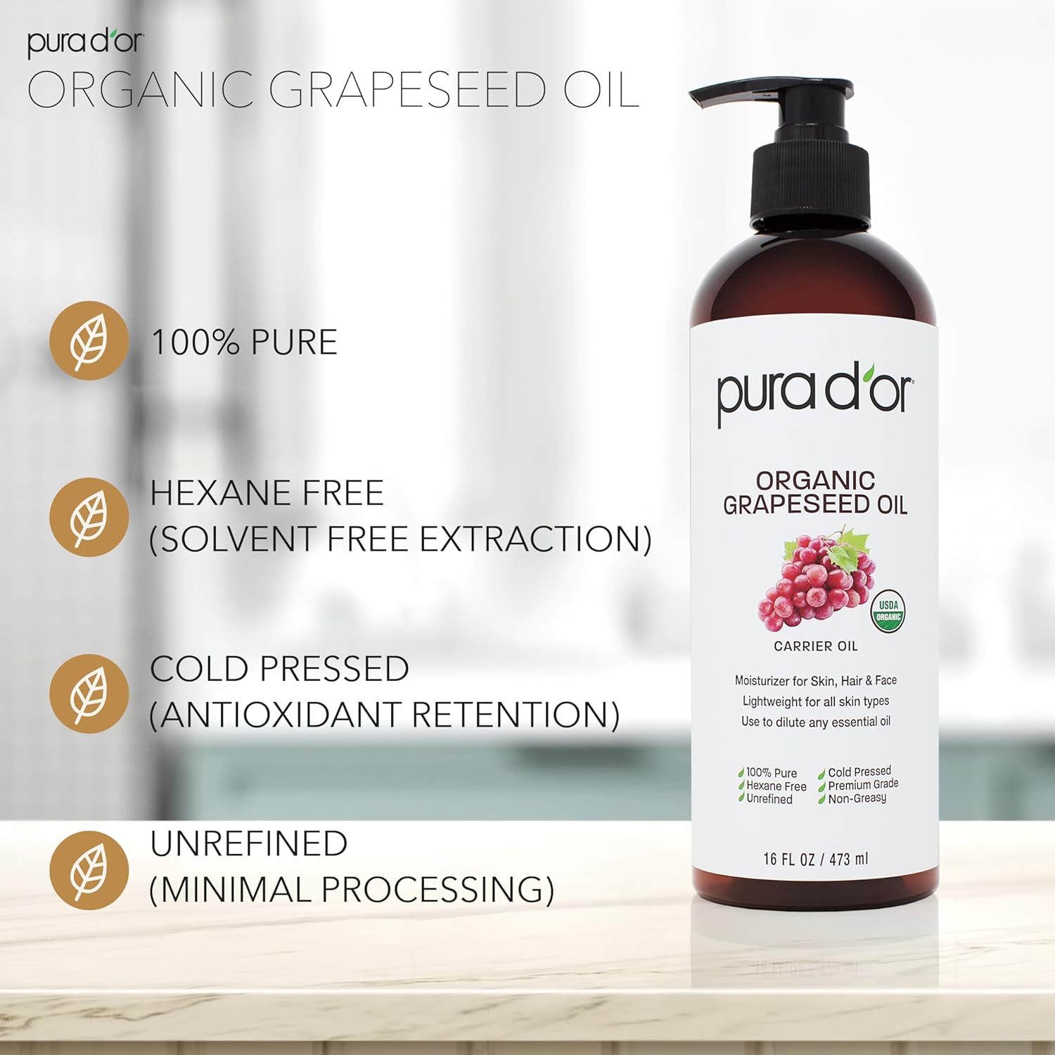 PURA D'OR ORGANIC Grapeseed Oil (16 Oz) 100% Pure & Natural USDA Certified Cold Pressed Carrier Oil For DIY Beauty - Unscented, Hexane Free Liquid Moisturizer - Face Skin & Hair