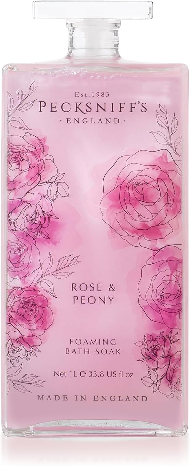 Pecksniff’s Rose & Peony Foaming Bath Soak – Luxury Bubble Bath, 1L / 33.8 fl oz, Made in England