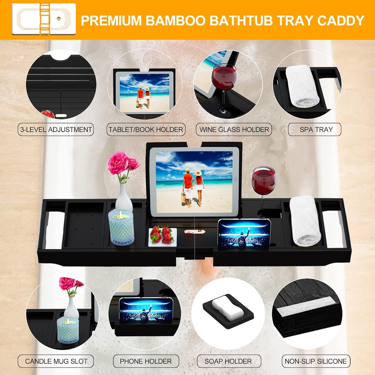 Premium Bathtub Tray Caddy - Expandable Bath Caddy Tray - Adjustable Bamboo Bath Caddy Tub Table - Unique House Warming Gifts New Home - Black