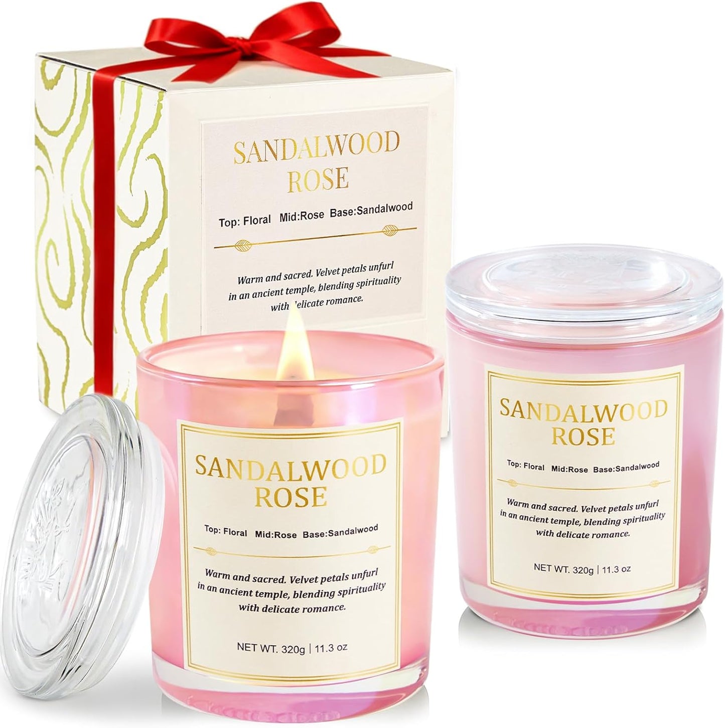 Scented Candles for Home, 2 Pack Wood Wick Sandalwood Rose Scented Candle,22.6 oz 150 Hour Long Burning Lasting, Natural Soy Wax Candles Gifts Set
