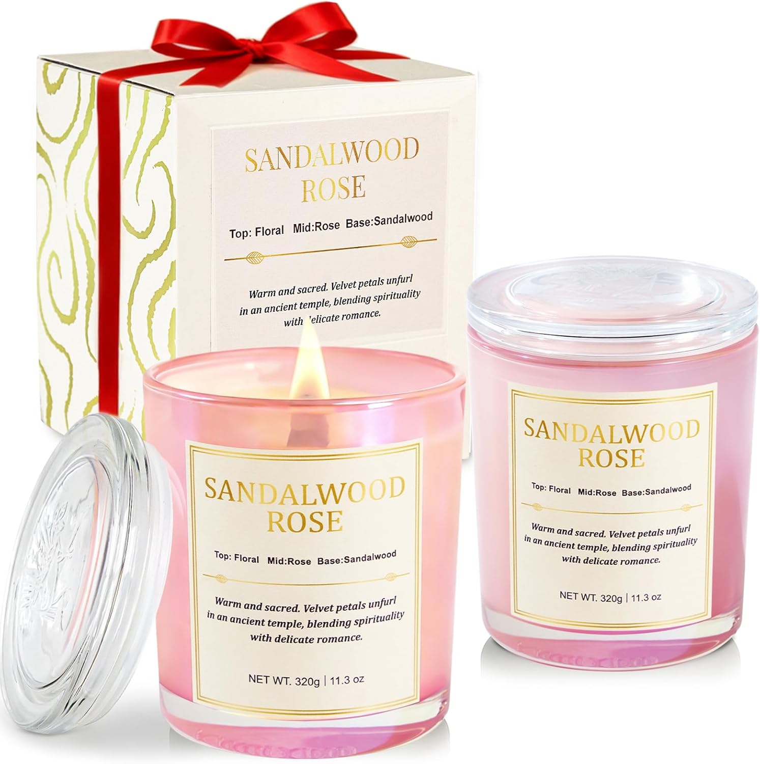 Scented Candles for Home, 2 Pack Wood Wick Sandalwood Rose Scented Candle,22.6 oz 150 Hour Long Burning Lasting, Natural Soy Wax Candles Gifts Set