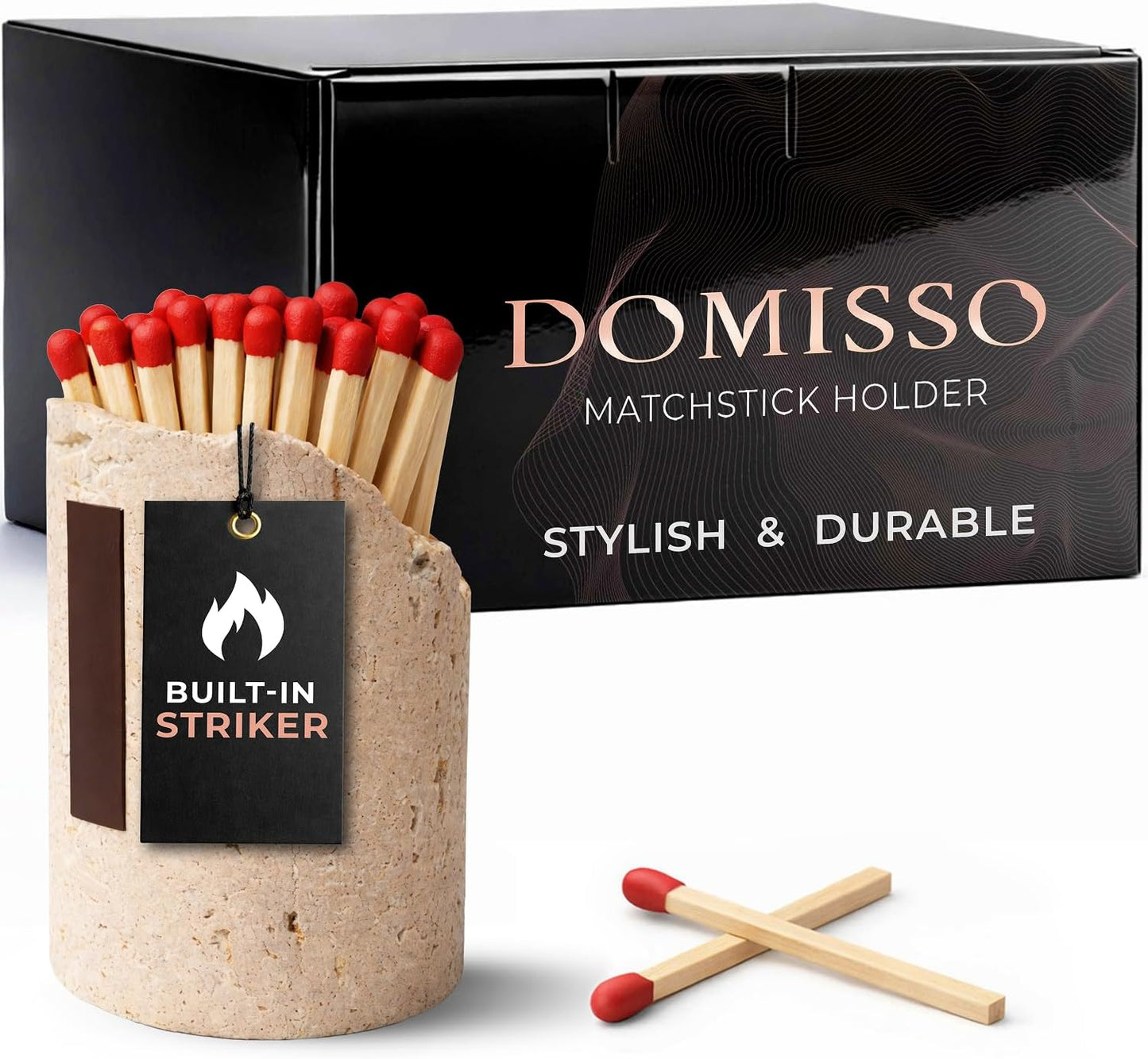 Ceramic Match Holder with Striker - Set of 2 - Handmade Match Box - Matches in a Jar for Bathroom Candle -Black 10 Extra Striker Pads - Modern Bathroom & Home Decor Gift - Red & Speckled White