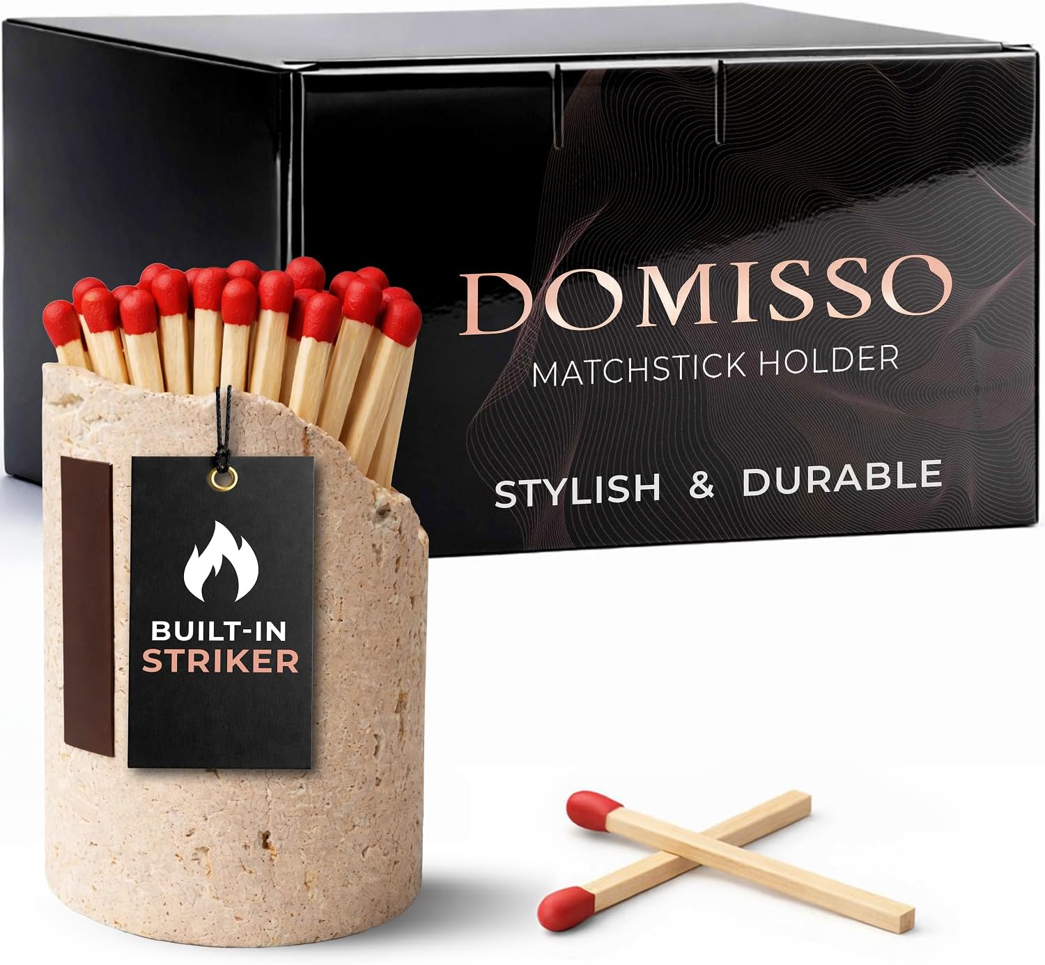 Ceramic Match Holder with Striker - Set of 2 - Handmade Match Box - Matches in a Jar for Bathroom Candle -Black 10 Extra Striker Pads - Modern Bathroom & Home Decor Gift - Red & Speckled White