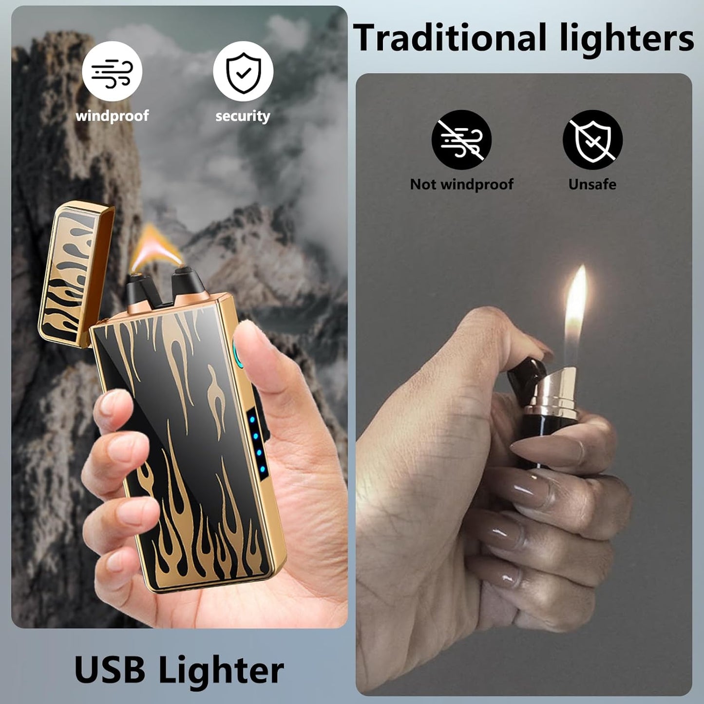 Electric Plasma Lighter - Rechargeable, Windproof with Battery Display, USB, Vintage for Candle, Fireworks, Incense Stick
