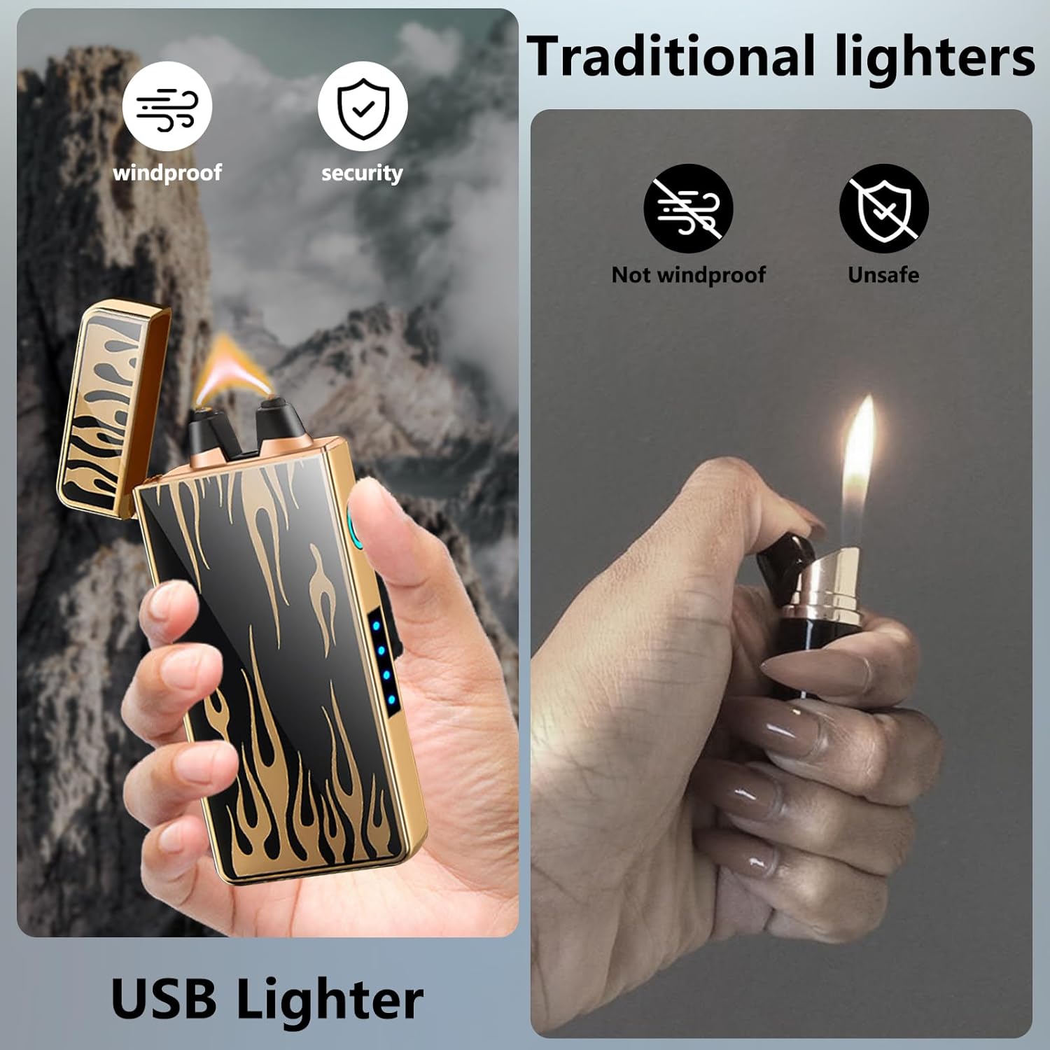 Electric Plasma Lighter - Rechargeable, Windproof with Battery Display, USB, Vintage for Candle, Fireworks, Incense Stick