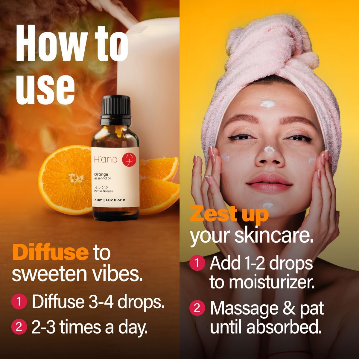 H'ana Orange Oil - 1.02 Fl Oz Orange Essential Oil for Hair, Skin, Diffuser, Aromatherapy & DIY